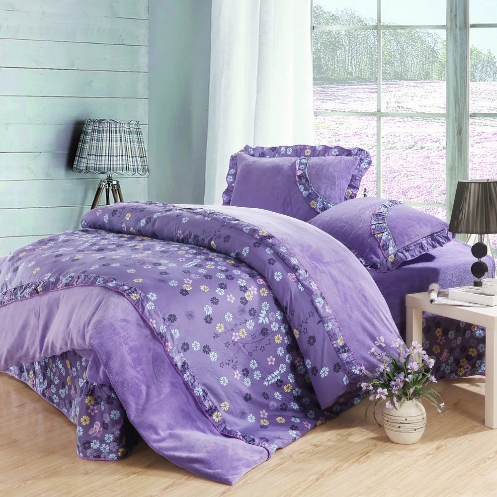 Coral Quilt Cover Romantic Bedspreads Active Printing Twill Cotton Brushed Korean Cute Style Purple Bedding Set | Дом и сад