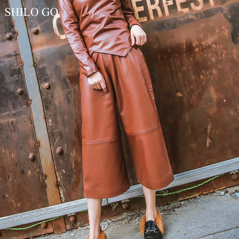 Женские кожаные брюки SHILO GO летние коричневые широкие из натуральной овечьей