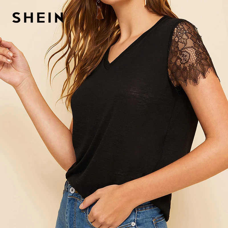 SHEIN повседневный черный или белый кружевной топ с отделкой ресниц, женская летняя футболка с v-образным вырезом и коротким рукавом, однотонные базовые футболки