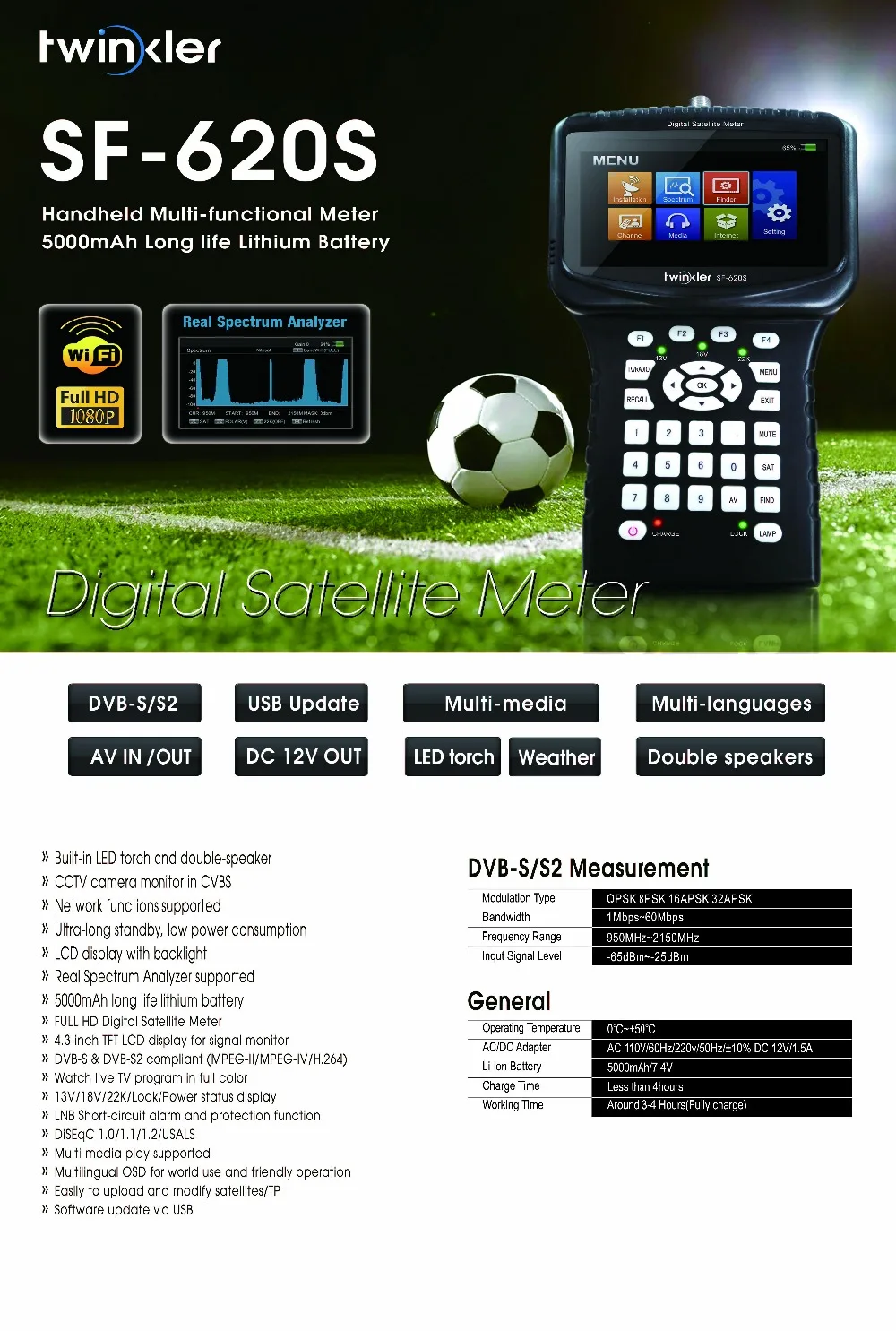 Twinkler SF-620S ручной HD Satfinder DVB S2 анализатор спектра CCCams CCTV камера в AHD TVI CVI Satlink спутниковый искатель метр