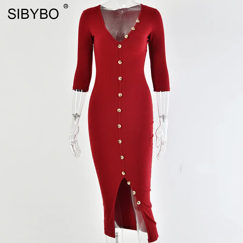 Красный SIBYBO ребристые спереди сплит сексуальное длинное платье женское с v-образным вырезом 3/4 рукав осенние вечерние платья Твердые пуговицы хлопок женские повседневные платья - Цвет: Красный