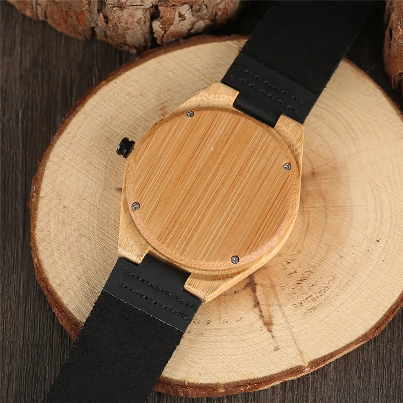 

Fashion Men Natural Bamboo Wooden Watches Handmade Novelty Quartz Analog Wristwatch Male Black Leather Band Clock relojes hombre