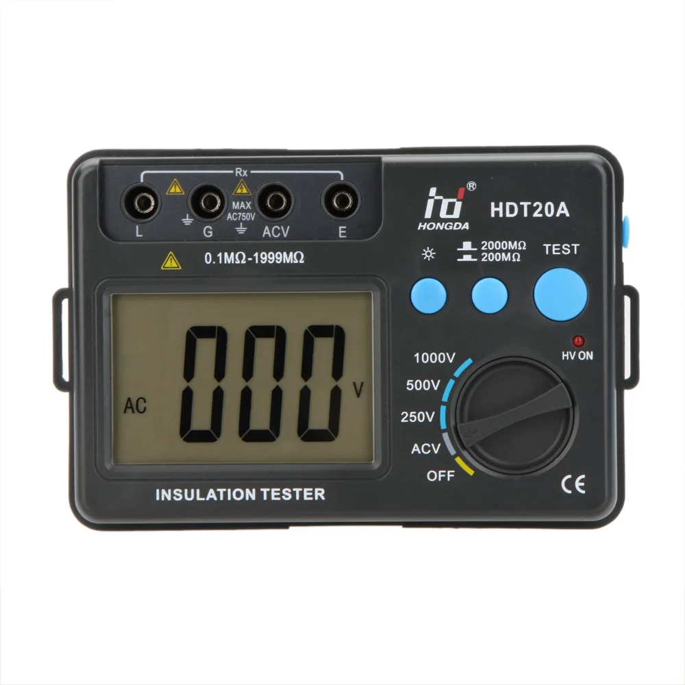 HDT20A Измеритель сопротивления изоляции вольтметр 250 В/500 В/1000 в тестер электрической изоляции 0.1MO-1999MO HD Омметр Мегаомметр