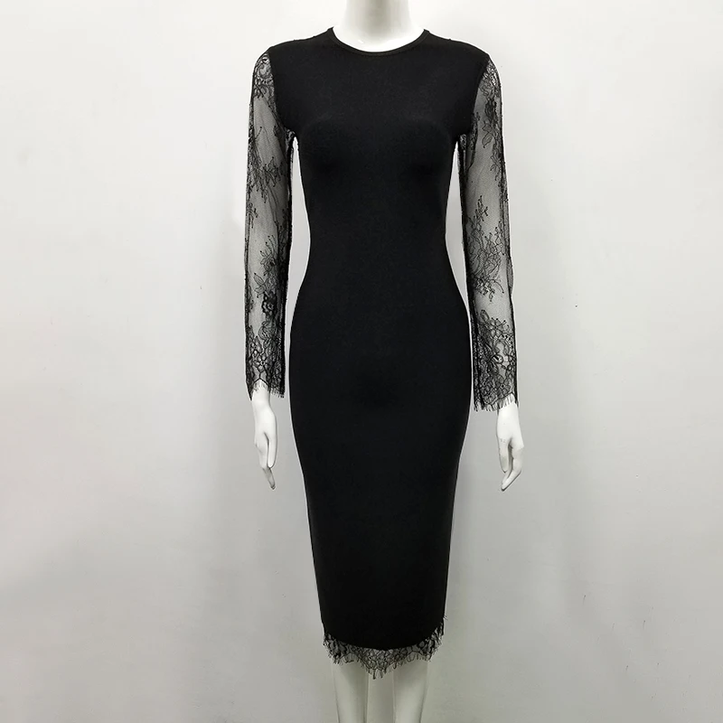 Бандажное платье с длинным рукавом кружевное красное черное из искусственного