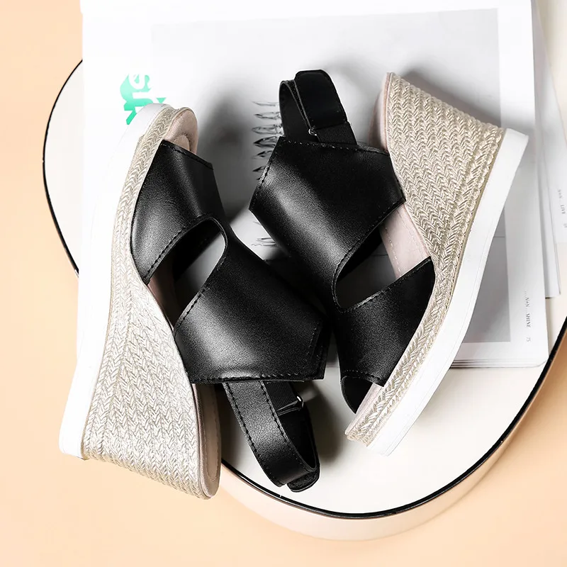 

YEELOCA Sandals Women Summer Wedges High Heels Platform Pointed Toe Open Toe Hook Loop Casual Black Solid Shoes Woman