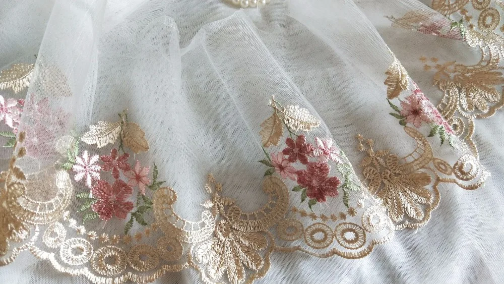 17 см 6,29 дюймов wide-3yards/лот розовый цветок вышитый тюль кружевная отделка для украшения одежды, вышивка сетка кружево отделка