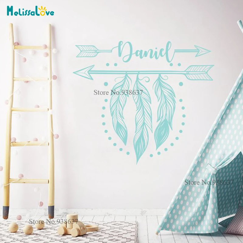 Популярный дизайн Ловец снов, этническая стрела, индивидуальное имя, детская комната, наклейка, индивидуальное украшение BA015