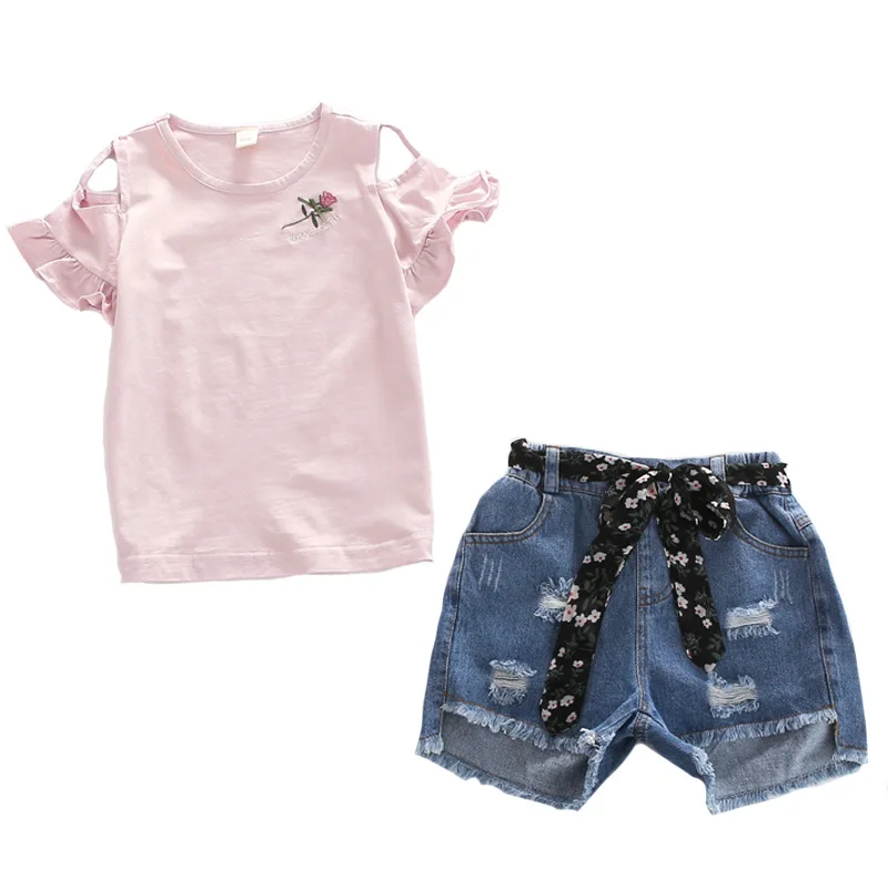 Летняя одежда для девочек 2019 футболка с открытыми плечами и синие джинсовые