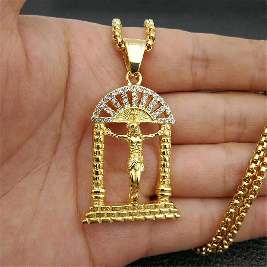Хип-хоп Iced Out Bling Crucifix кулон ожерелье для мужчин из нержавеющей стали золотой цвет