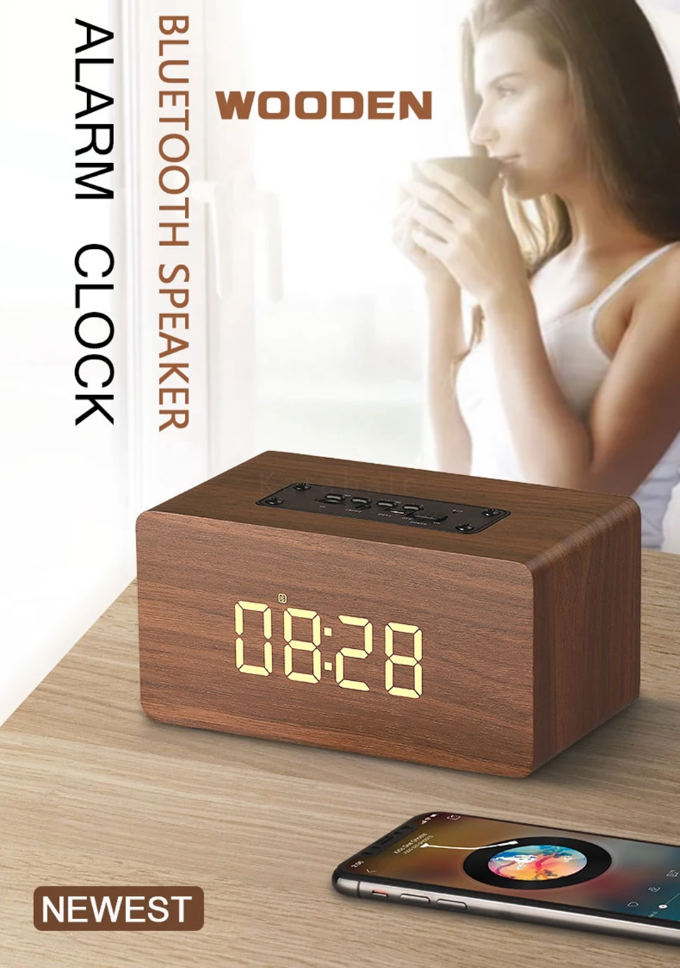 HOT Wooden Bluetooth Speaker Alarm Clock Wireless Portable HiFi Shock Bass Altavoz TF Soundbar MP3 Speaker FM Radio Microphone