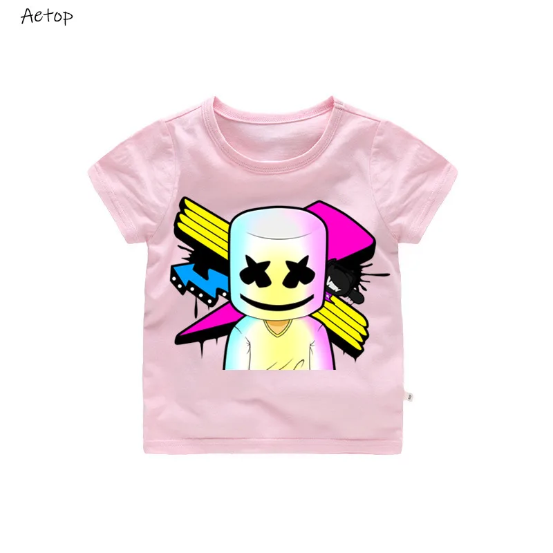 pink Летняя футболка для мальчиков с героями мультфильмов «Marshmello DJ Music», футболки для девочек, топы, одежда, детская одежда, хлопковый костюм для малышей - Цвет: pink