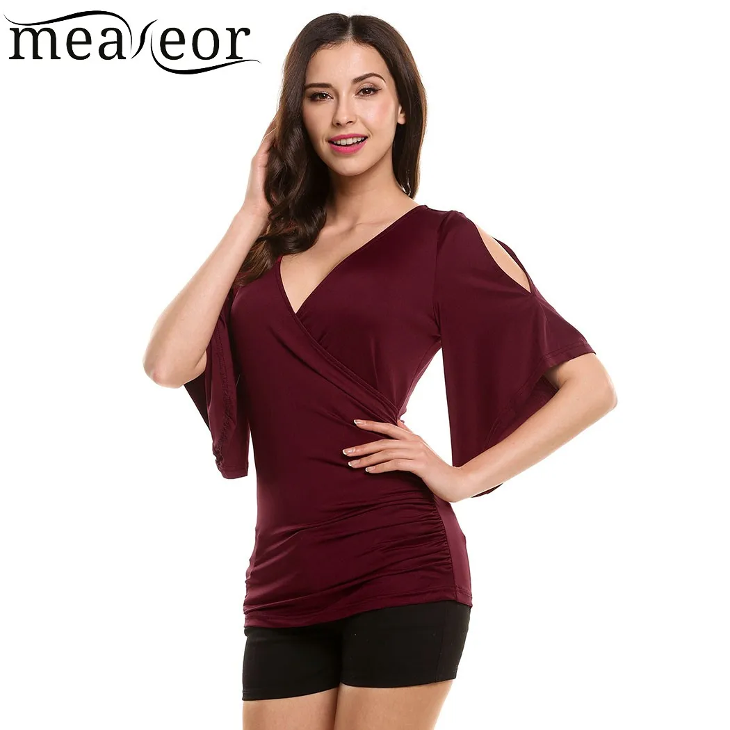 Meaneor Женская Футболка Весна Осень Повседневная однотонная с открытыми плечами