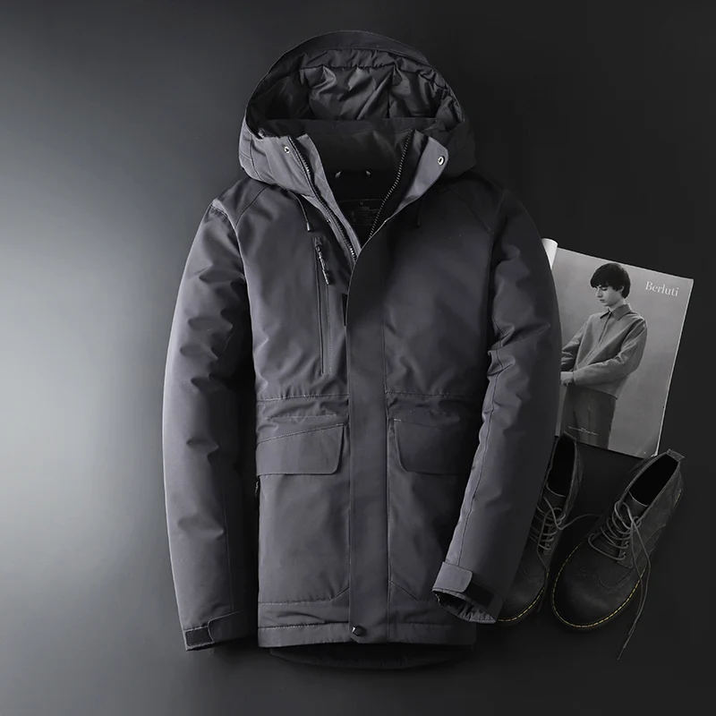Теплая куртка зимний мужской пуховик ветровка с капюшоном парка на утином пуху