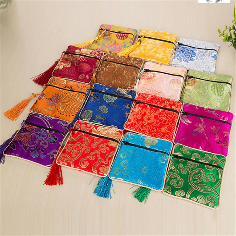 

1PC Silk Jewelry Chinese Coin Tassel Zipper Pouch Bags Wedding Party Gift Sundries Storage Home Storage Organizer Bag