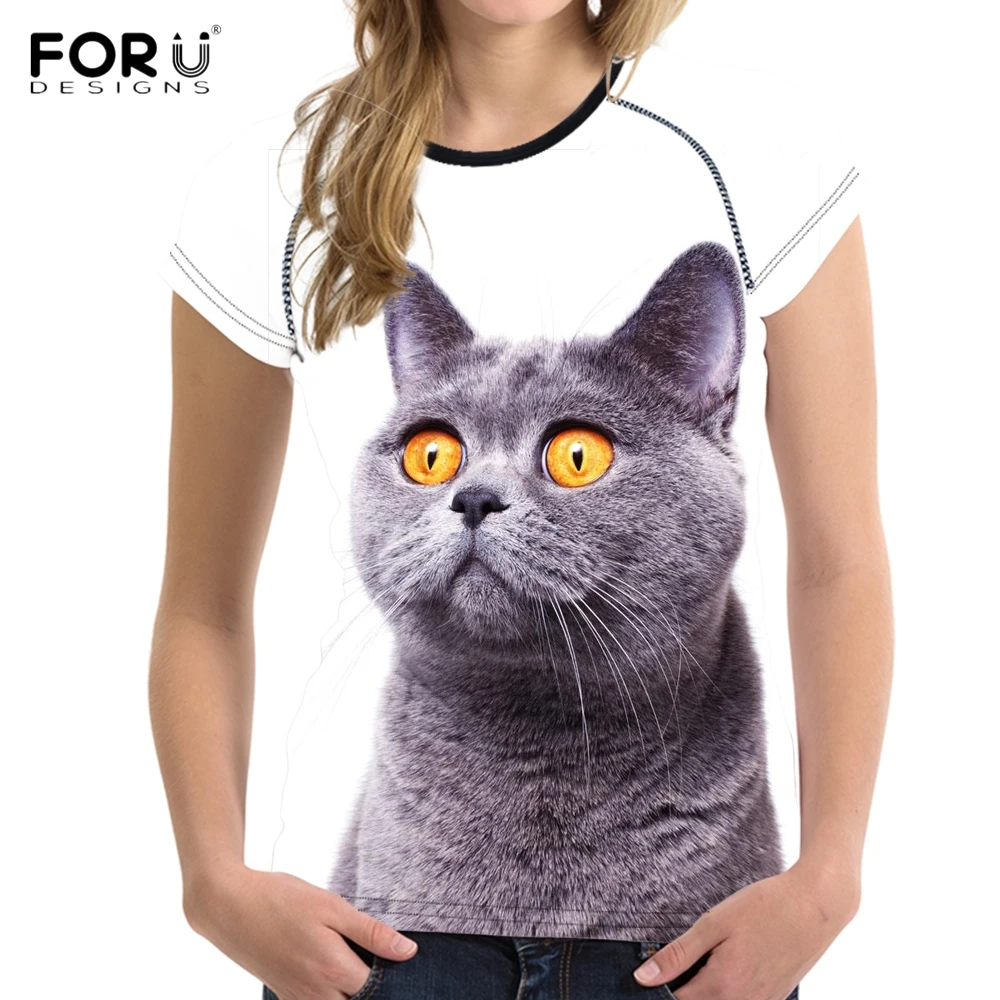 FORUDESIGNS/забавная 3D Футболка с принтом кота среднего пальца, женская футболка с круглым вырезом и коротким рукавом, модная эластичная футболка для женщин