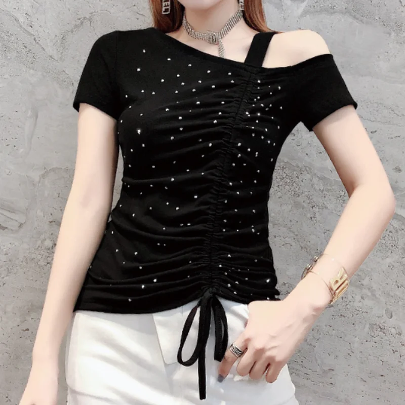 Женская футболка с открытыми плечами и бриллиантами 2019 женская стразы женские