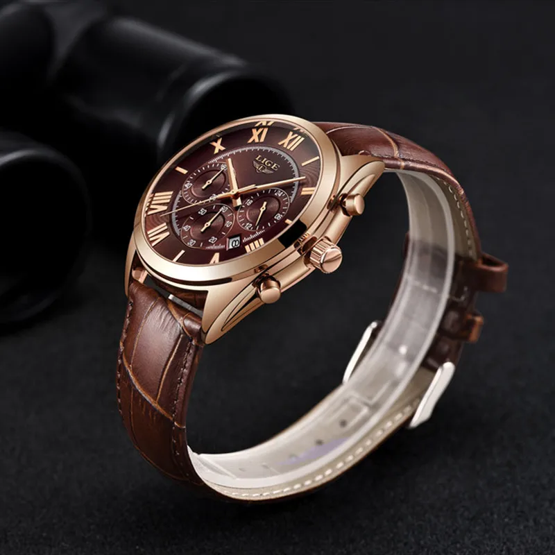 LIGE Fashion Sport Style Top Brand Luxury Quartz Watch Men Leather Brown Strap Waterproof Chronograph Dial reloj hombre | Наручные часы