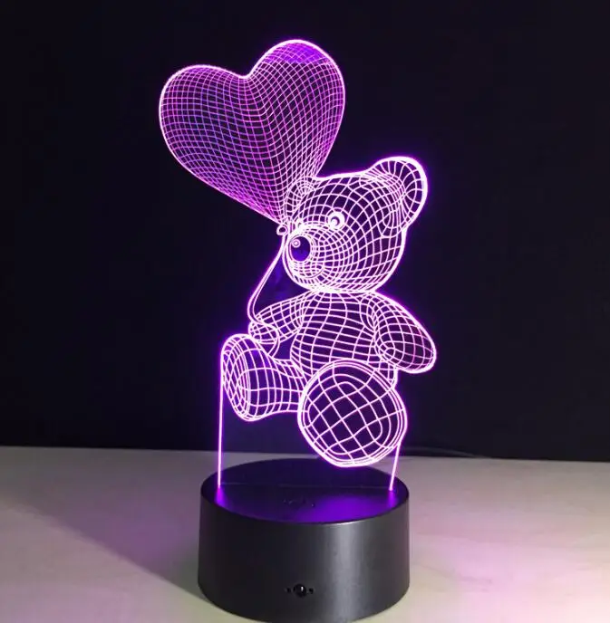 Bear 3 Акриловый светодиодный светильник с милым сердечком и медведем, 3D ночник для детей, спальный светильник, 7 цветов с сенсорным управлением и пультом дистанционного управления - Испускаемый цвет: Bear 3