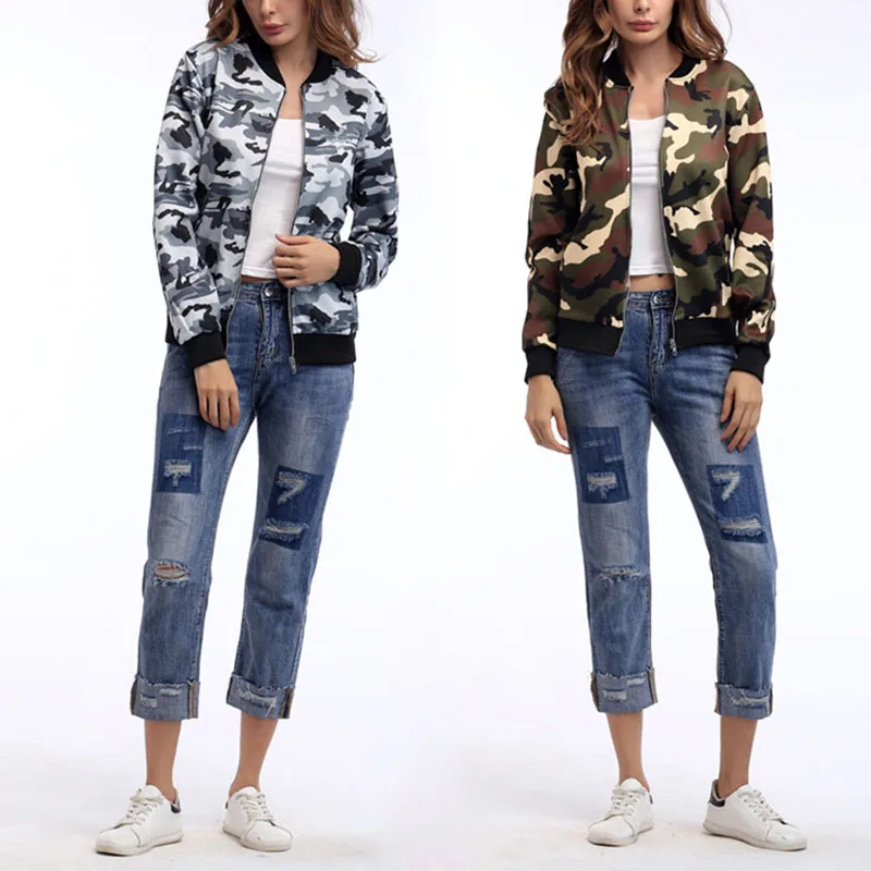 Womens Lady Long Sleeve Biker Camouflage Army Printed Bomber Jacket Coat Outwear | Женская одежда
