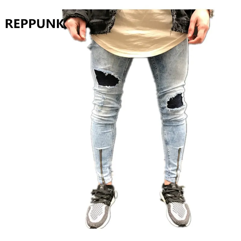 Reppunk 2018 до щиколотки и узором молния Классные модные мужские черные Рваные джинсы
