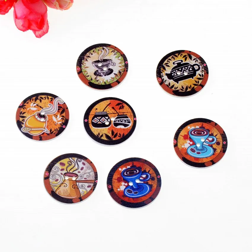 

Free Shipping 25Pcs Random Mixed 2 Holes Round Tea Set Painting Wood Buttons Sewing Scrapbooking 30mm F1164