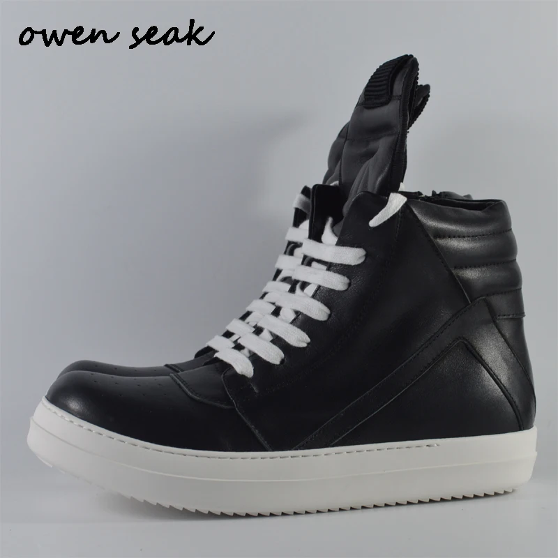 

Owen Seak Women Shoes High-TOP Ankle Boots Genuine Leather Luxury Trainers Sneaker Casual Lace-up Zip Flat Shoes Black White Big