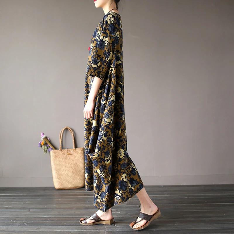 

Summer Dress 2016 Floral Print Half Sleeve Loose Dress Cotton Loose Waist Women Dress 2 Colors Casual Vintage Long Robe
