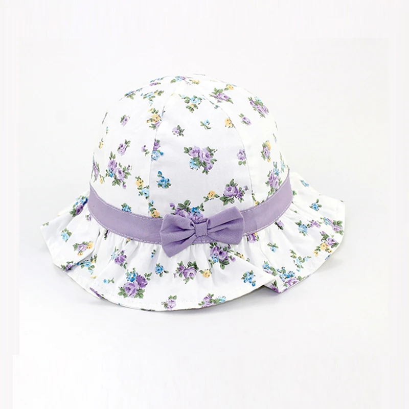 Flower Bow Baby Girls Hat Ruffles Floral For Cotton Lace Up Fisher Fashion Purple Pink Sun Caps Spring Summer | Детская одежда и
