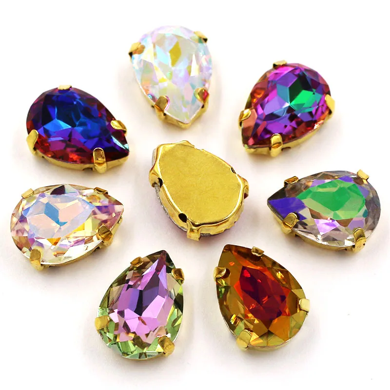Стразы в форме каплевидной капли золотистое основание для пришивания украшения