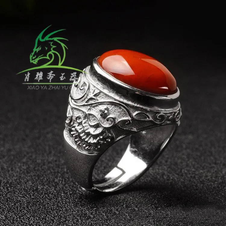 Liangshan Южно-красный агат S925 Серебряное кольцо хурма красное открытое Южно-красное Кольцо мужское живое кольцо