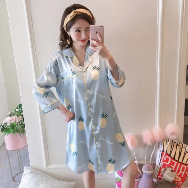 Blue pineapple Silka Surplus женское летнее нижнее белье и пижама ночная шелковая ночная сорочка мягкая свободная ночная рубашка размера плюс 5XL Пижама - Цвет: Blue pineapple