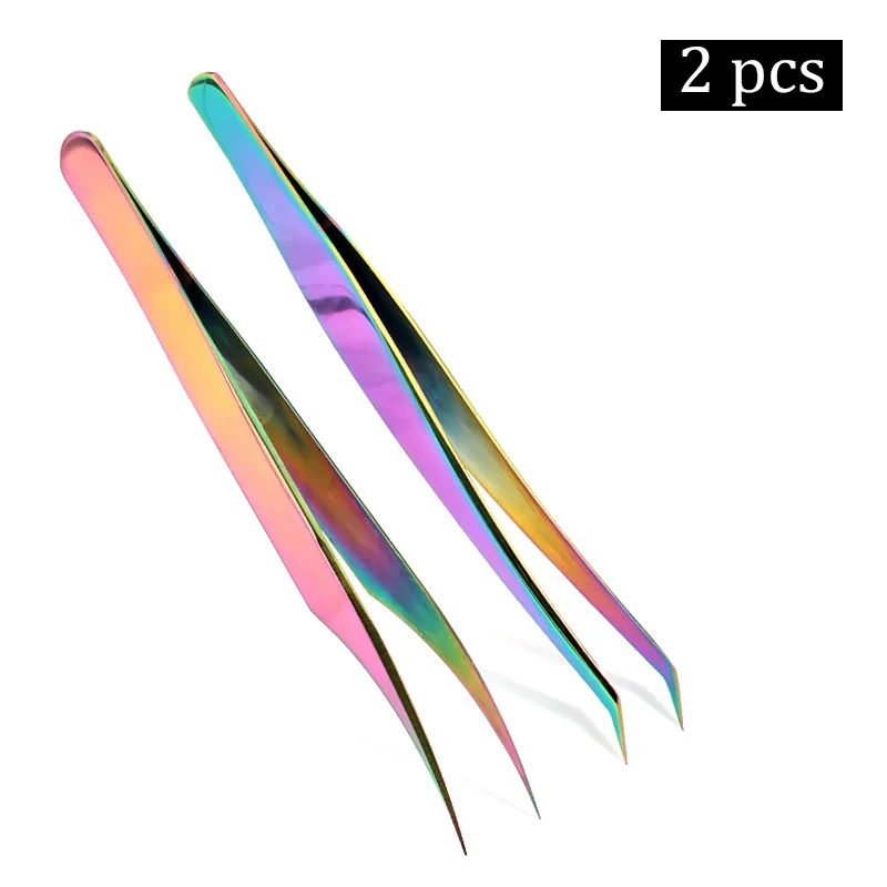 2pcs Rainbow Профессиональные пинцеты для ресниц, щипцы для наращивания ресниц из нержавеющей стали, высокоточные пинцеты для наращивания ресниц, набор - Цвет: 2pcs Rainbow