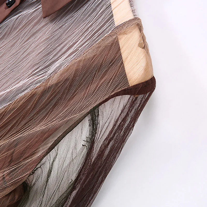 Женское Сетчатое платье контрастных цветов с отворотом и длинным рукавом