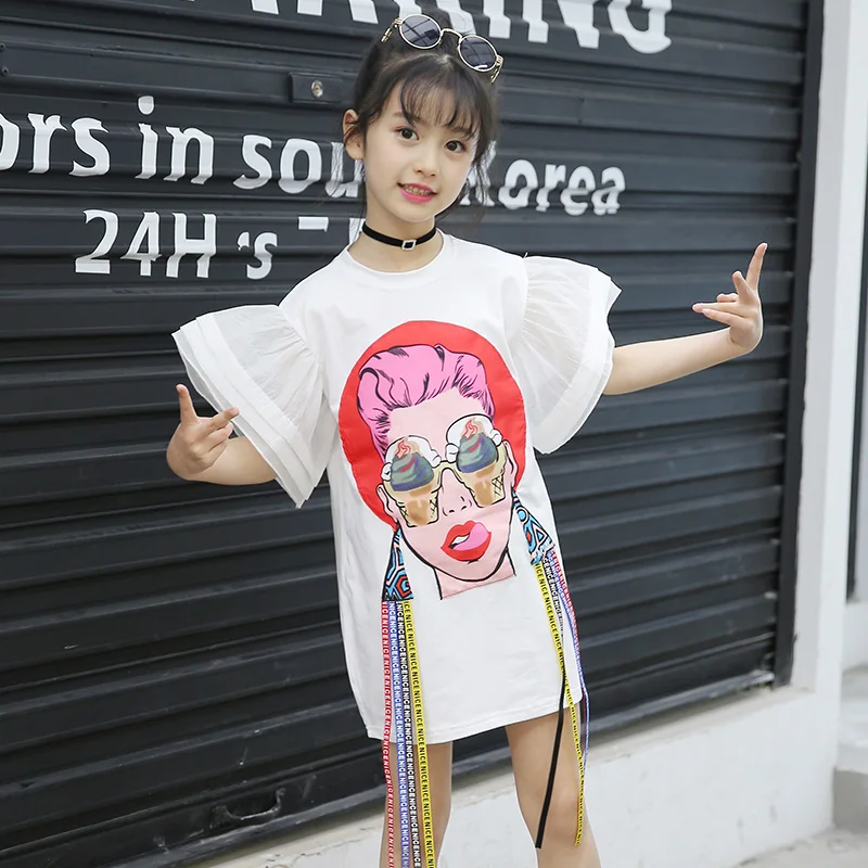 Alternative Fashion Style Dress 2020 Summer Girls Cartoon Beauty Patch Dresses Clothes Novelty Kids Flare Sleeve Tshirt | Детская одежда
