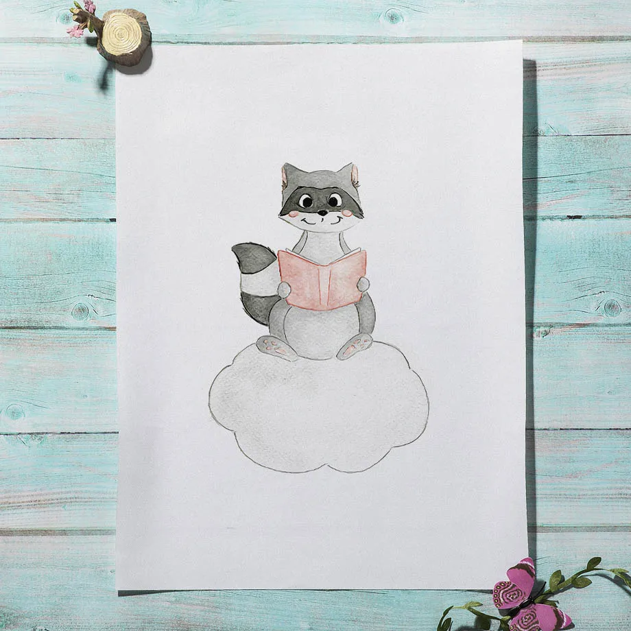 Raccoon Fly a kite Balloon Cloud Nursery Nordic Posters And Prints Wall Art Canvas Painting Pictures Baby Kids Room Decor | Дом и сад