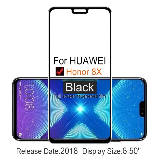 2 шт., полное покрытие, защита экрана, закаленное стекло для Huawei Honor 8X6,5" 9 H, Защитное стекло для Honor 8x JSN L21 L22, пленочный чехол - Цвет: Honor 8X Black