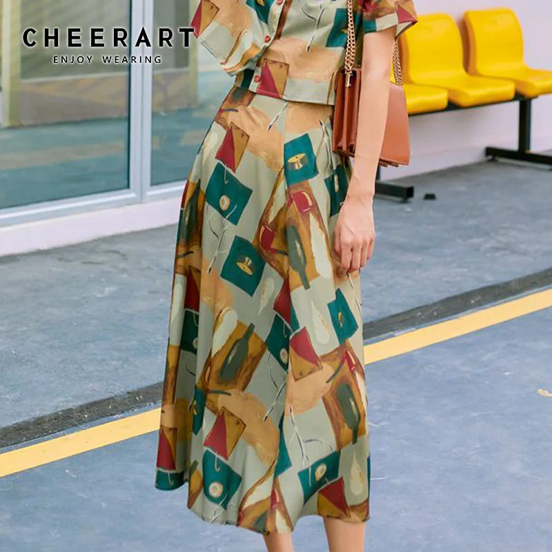 Винтажная длинная юбка Cheerart женская летняя трапециевидная с высокой талией