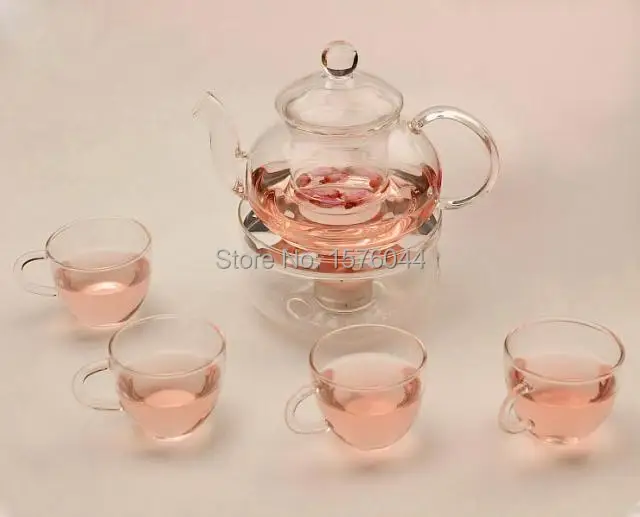 

6PCS/SET New arrival high quality heat-resistant glass teapot 6pcs/set 1pc 600ml teapot+4pcs cup+1pc heat warmer G0128