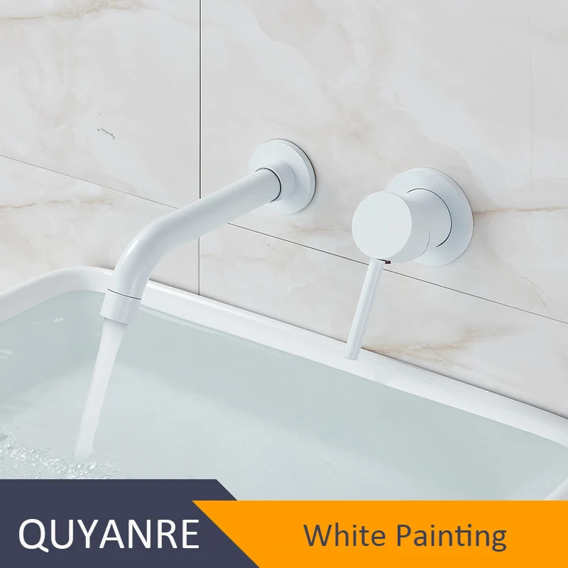 White Painting Quyanre матовый золотой кран для раковины, скрытый настенный кран, 360 вращение, одна ручка, кран для горячей и холодной воды, смеситель для ванны - Цвет: White Painting