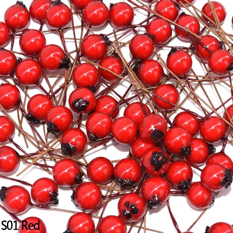 S01 Red 50/100 шт 1 см Искусственный Красный ягод вишни жемчужная тычинка цветы искусственный фрукт из пенопласта ягодой для Свадебные украшения DIY букет невесты - Цвет: S01 Red