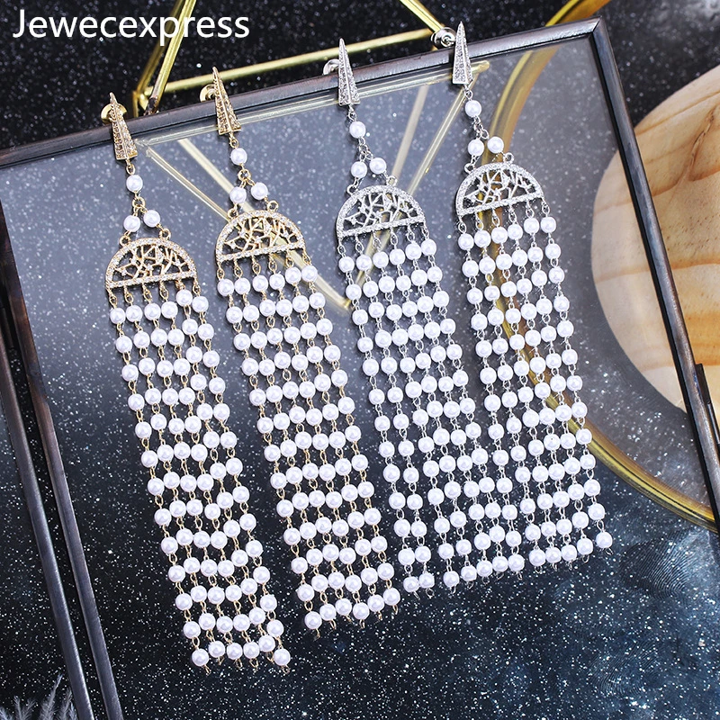 Jewecexpress S925silver иглы циркон длинные жемчужные кистями серьги | Украшения и