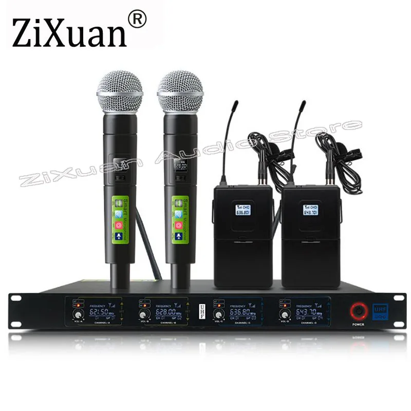 Профессиональная 4-канальная беспроводная система микрофонов UHF с 4 гарнитурными микрофонами с передатчиками в корпусе + 1 приемник, устанавливаемый в стойку.