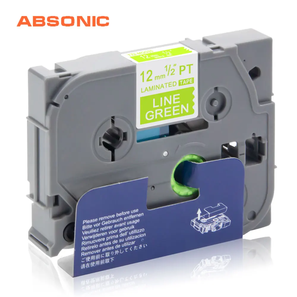 Absonic 12 мм * 5 м для Brother Labeler TZe-MQG35 белый принт на лаймовой зеленой ламинированной