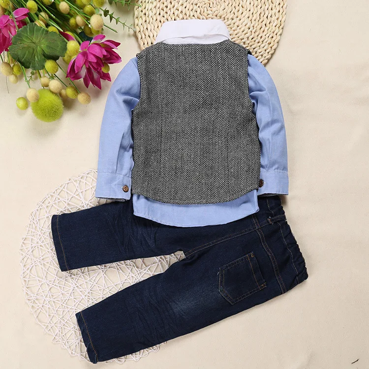 Fashion Handsome children's clothing sets gentleman Boy's 4pcs suit set Kids clothes long-sleeve shirts+vest+jeans+bow tie | Детская