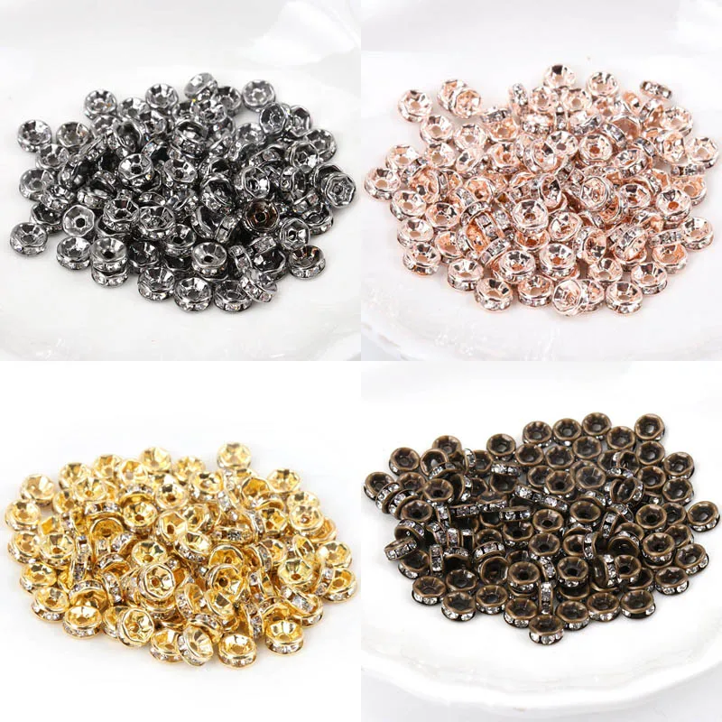 

Metal Gold Rose Black Crystal Rhinestone Rondelle Spacer Loose Beads For DIY Jewelry Making Accessories 4 6 8 10mm 50pcs