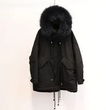 huge black color fur Большой натуральный мех енота, высокое качество, зимняя куртка для женщин, теплый женский длинный пуховик, куртка на белом утином пуху, свободное зимнее пальто - Цвет: huge black color fur