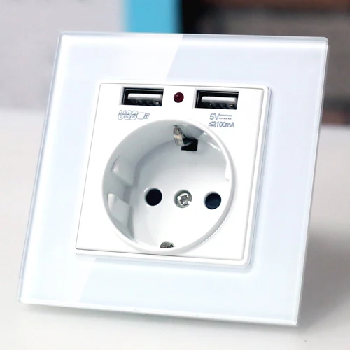Переключатель домашней хрустальной стеклянной панели с двойным usb зарядным портом 2.1A настенное зарядное устройство адаптер 16A розетка EU розетка белый/черный/золотой - Тип: EU Socket White