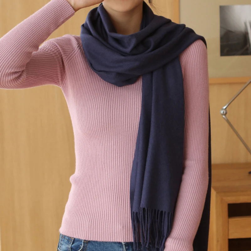 High Quality Pure Wool Winter Scarf Women Scarves Solid Color Lady Pashmina Tassel Large Black/Pink/Pink Women's Shawls |
