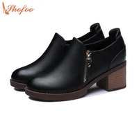 2021 autumn fashion black genuine leather chunky heels round toe dress office career zip square heel shoes chaussure shofoo