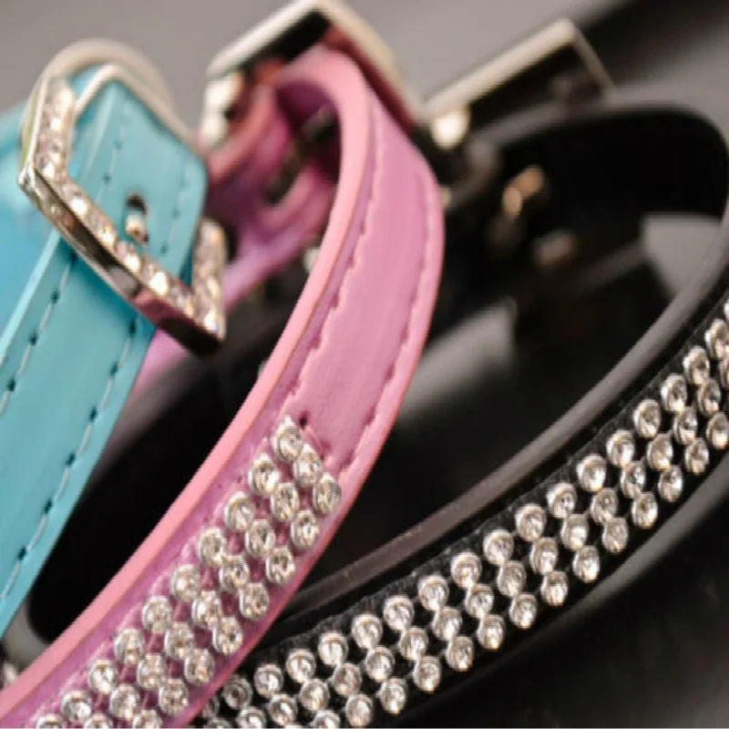 3 Rows Bling Rhinestone Small Pet Dog PU Leather Buckle Cute Cat Crystal Collar | Дом и сад